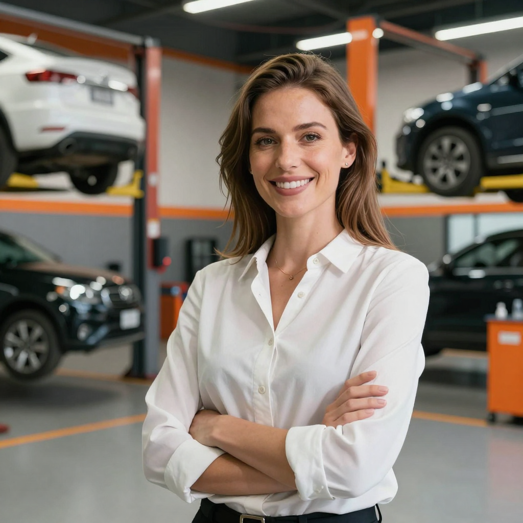 Auto repair shop owner confidently managing customer retention with AutoServiceCRM